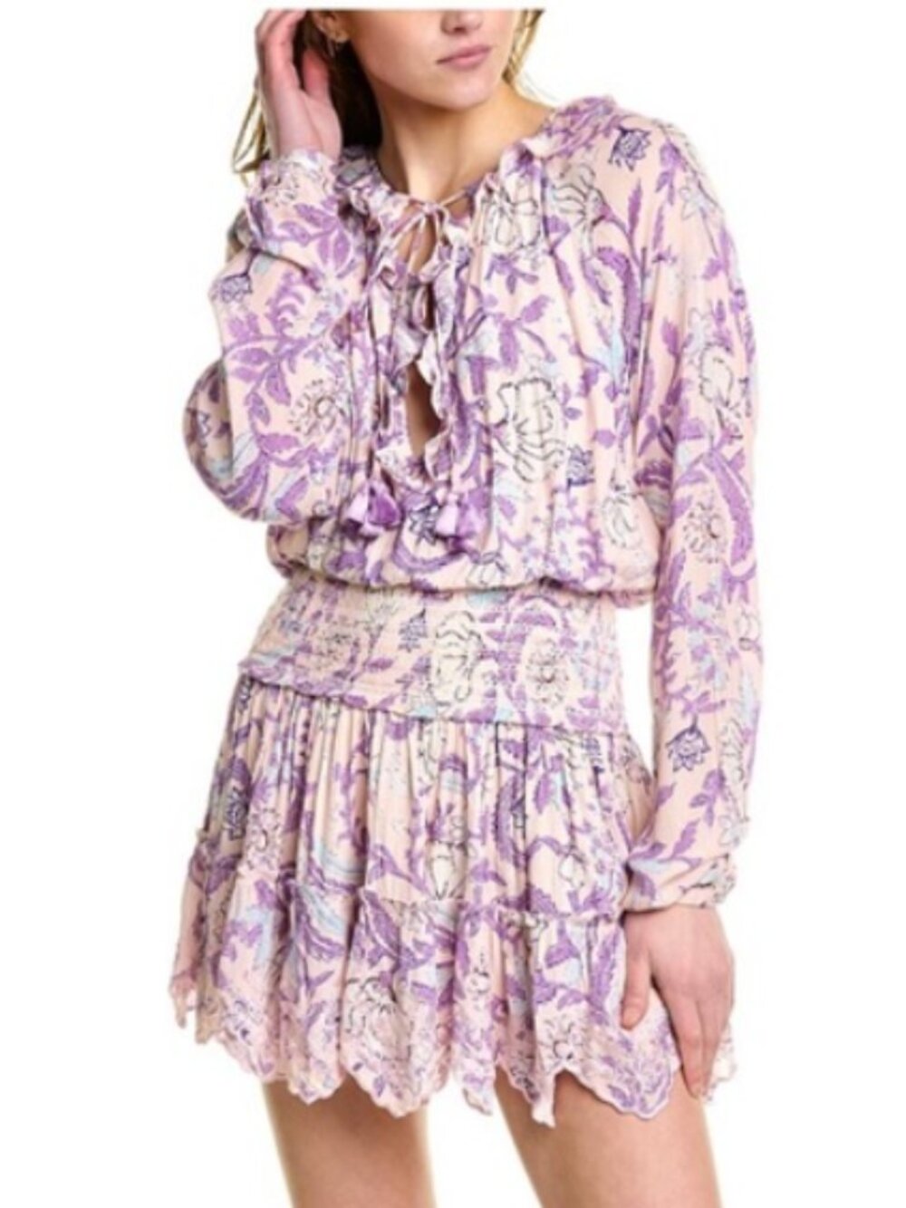Hemant & Nandita Purple Floral Smocked Ruffle Mini Dress XS 💜